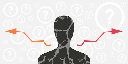vector illustration of person broken silhouette with two arrows for inner conflict and depression visualのイラスト素材