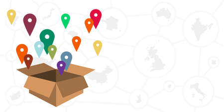 vector illustration of map pins with box for discovering destinations and international transfers visualsのイラスト素材