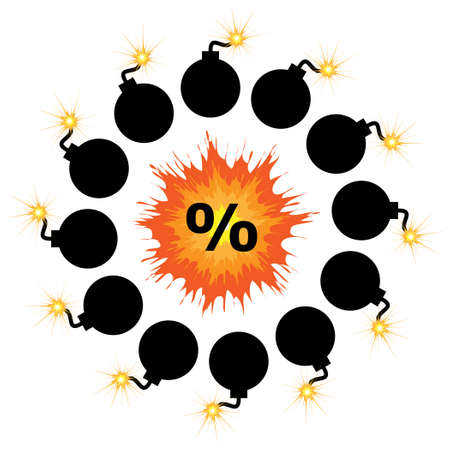 vector illustration of bright explosion with percentage symbol and bombs for discount round emblemのイラスト素材