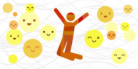 vector illustration of happiness basic emotion or feeling expression with human silhouette and emoji facesのイラスト素材