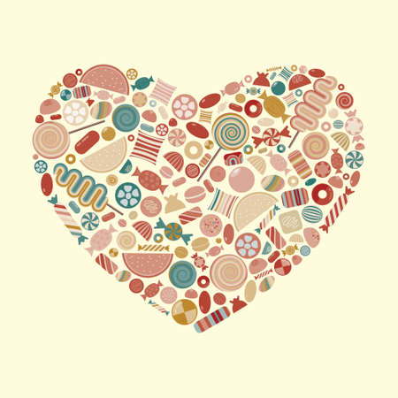 vector illustration of candies and sweets in heart shape design retro vintage colorsのイラスト素材