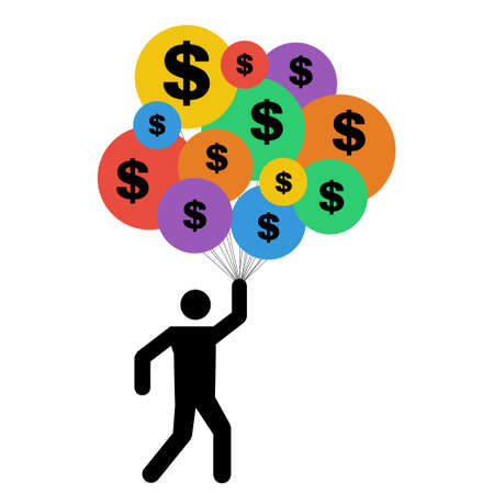 vector illustration of person with balloons and dollar signs for financial success and fast money gain conceptのイラスト素材