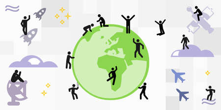 vector illustration of planet and people action around the globe and in the space around earth