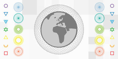 vector illustration of planet with rotating chakra symbols and energy gridのイラスト素材