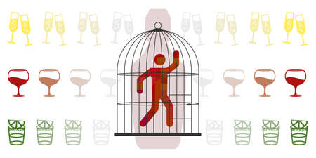vector illustration of man in cage and alcoholic drinks for alcoholism disease visual