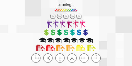 vector illustration of clocks money homes pyramid chart and loading bar for personal management visualsのイラスト素材
