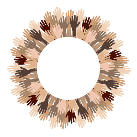 vector illustration of different skin color hands in circle for international cooperation and tolerance conceptのイラスト素材