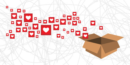 vector illustration of hearts and likes and box for social media promotion and engagementのイラスト素材