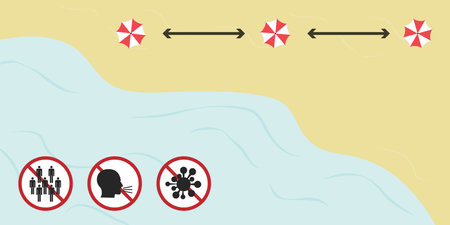 vector illustration of virus safe distance on the beach for post quarantine summer vacationのイラスト素材