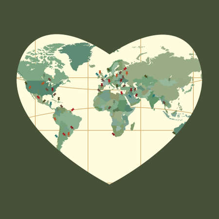 vector illustration of world map with pins in heart shape design vintage colorsのイラスト素材