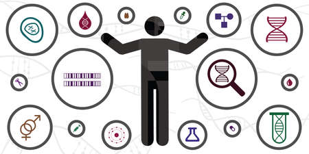 vector illustration of microscopic investigation of human DNA body and chromosome iconsのイラスト素材