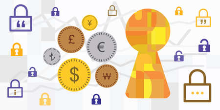 vector illustration of different currency money symbols and keyhole for exchange office activitiesのイラスト素材