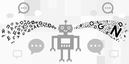 vector illustration of robot and different languages letters for artificial intelligence and chatbot translation optionsのイラスト素材