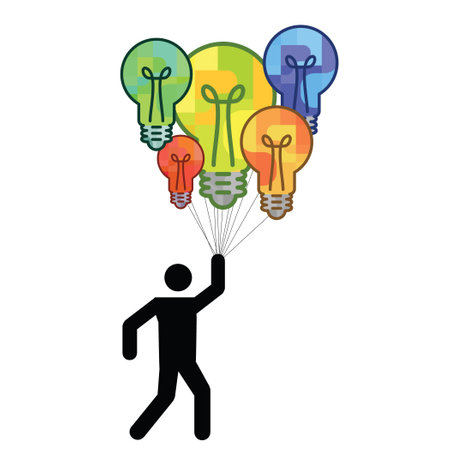 vector illustration of person holding lightbulbs as balloons for ideas and creativity visualのイラスト素材