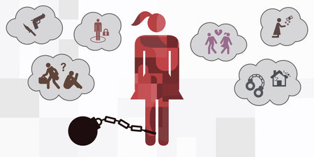 vector illustration of dependent woman with negative thoughts and victim of violenceのイラスト素材