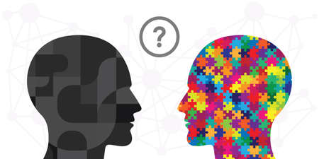 vector illustration of two individuals silhouettes with colorful jigsaw puzzle for autistic disorder...