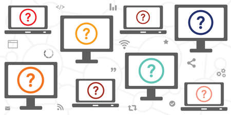vector illustration of computer screens and question marks for online surveys and virtual consultancyのイラスト素材