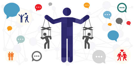 vector illustration of man manipulating people as puppets with social media influenceのイラスト素材