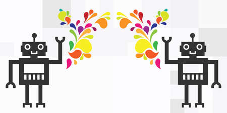 vector illustration of two robots with colorful swirls for creativity and AI communication concept