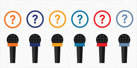 vector illustration of microphones row and question marks for podcast interviews and discussionsのイラスト素材