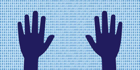vector illustration of binary code and human hands for creating digital products in encrypted environmentのイラスト素材