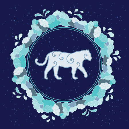 vector illustration of the year of tiger in blue colors and water symbols decoration for holiday season cardsのイラスト素材