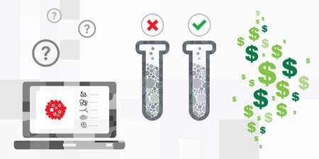 vector illustration of screen and flask for virus diagnostics and how much testing costsのイラスト素材
