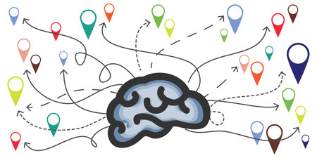 vector illustration of brain and destination points as thinking style and solutions depictedのイラスト素材