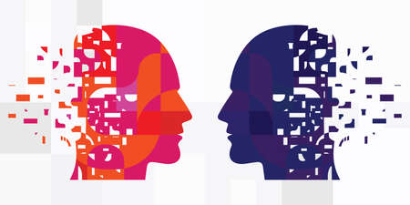 vector illustration of two people head falling apart into pieces for conflict and mental problems