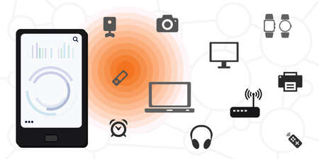 vector illustration of smartphone radiating signal and wireless devices IoT and connected technology...
