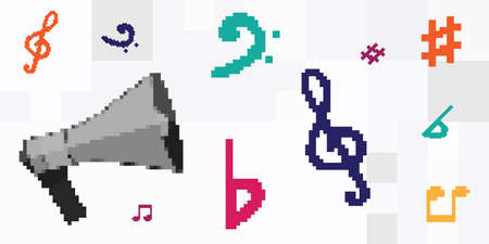 vector illustration of loudspeaker with pixel music notes online for parties and concerts...