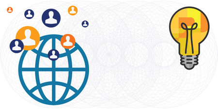 vector illustration of lightbulb and globe and users icons for international knowledge exchange