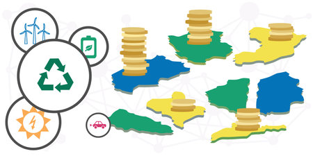 vector illustration of regions and districts with coins and ecological symbolsのイラスト素材