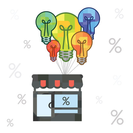 vector illustration of flying store and lightbulbs for offline and online shop promotion ideasのイラスト素材