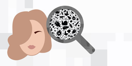 vector illustration of human face and parasites visible in magnifier for detection and eliminationのイラスト素材