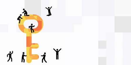 vector illustration of key and small people silhouettes interacting with object