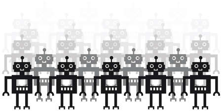 vector illustration of robots standing in lines in black and white colors