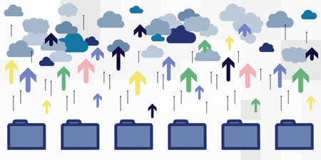 vector illustration of folders for digital order queue and uploading file to cloud storageのイラスト素材