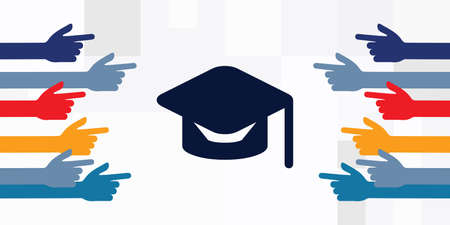 vector illustration of pointing fingers and academic cap for attention to graduation and educationのイラスト素材