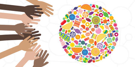 vector illustration of hands and candies for sugar addiction visualsのイラスト素材