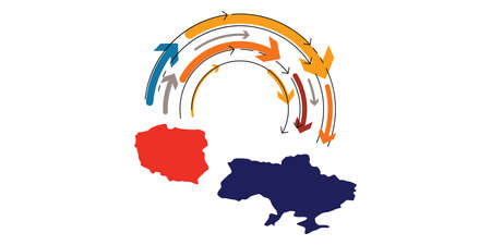 vector illustration of Ukraine and Poland and exchanging arrows for support and help topicsのイラスト素材