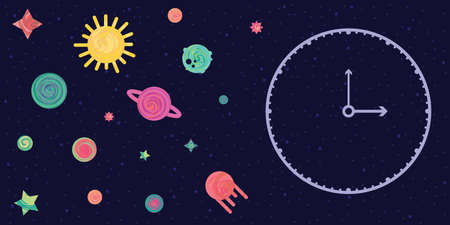 vector illustration of planets and clock for cosmic time measurement and lunar phases counting