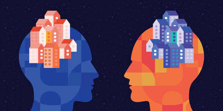 vector illustration of two people and city view for long distance relationship and interaction