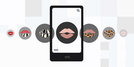 vector illustration of phone and variations of lips makeup for cosmetic virtual try on appのイラスト素材