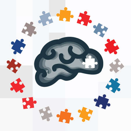 vector illustration of brain with missing puzzle piece for mental health issues round emblem