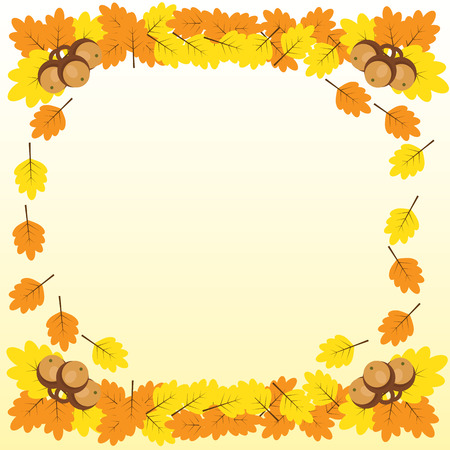 Background with a border of oak branches with leaves and acorns, brown contours on yellowのイラスト素材