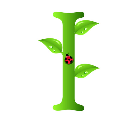 Letters of green leaves and water drops, original design font.のイラスト素材