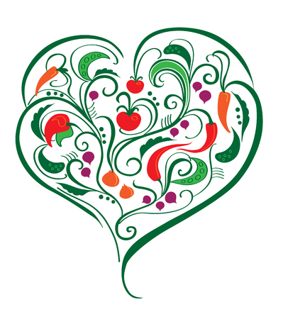 Vegetable heart, decorated with leaves and curvesのイラスト素材