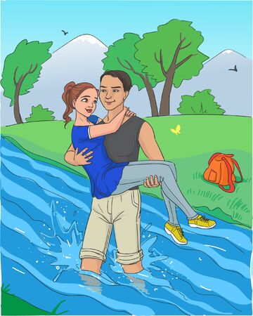illustration man helping women crossing riverのイラスト素材