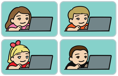 Kids sitting at laptop playingのイラスト素材